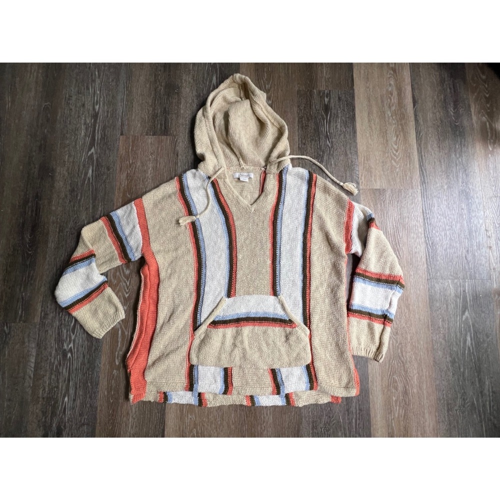Natural Reflections Baja Hoodie Womens L Beige Excellent Striped Knit Pullover